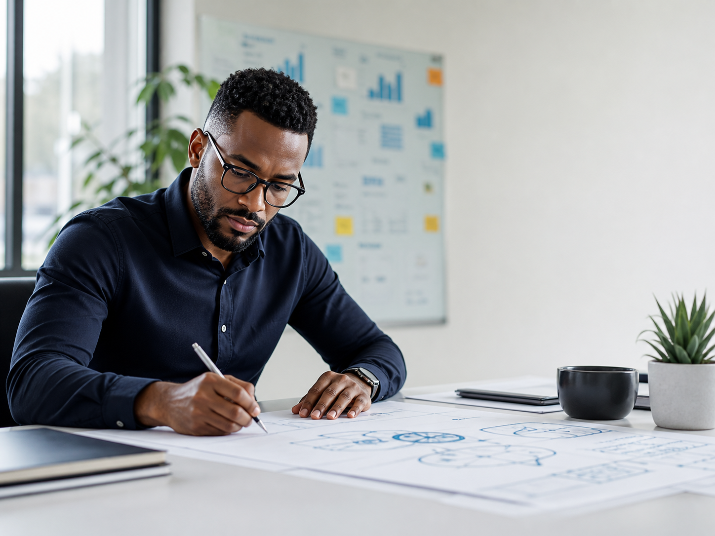 Black marketing strategist sketching a growth roadmap